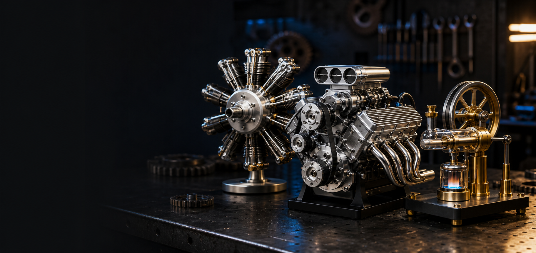 Top Engine Deals hero banner with miniature V8, radial, and Stirling engines